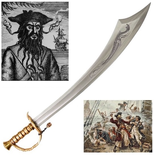 Sciabola di barbanera - replica di spada storica del pirata edward teach con lama incisa .